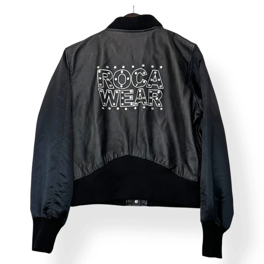 Vtg Y2K Rocawear Bomber Jacket XL Black Real Leather Studded‎ Streetwear Hip Hop - Picture 2 of 11